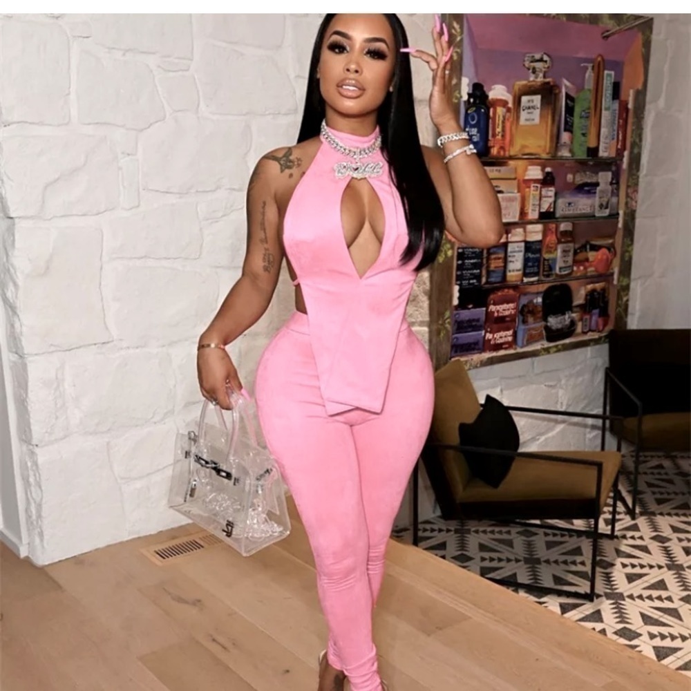 3/$28❤️ Women Halter Sleeveless Backless Sexy Two Piece Pants Set pink